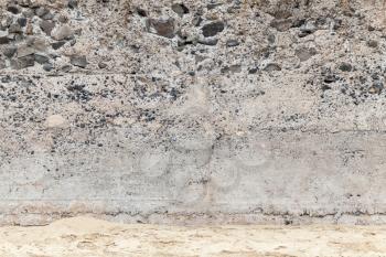 Rough concrete wall with stones and sandy ground, empty interior background photo texture