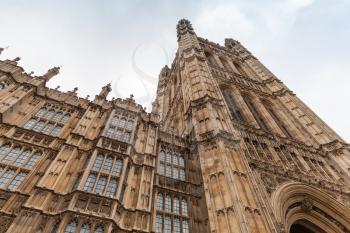 Parliament of the United Kingdom, London. Victoria tower and facade in Gothic style
