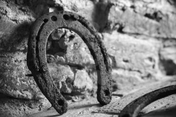 Old rusted horseshoe stands near brick wall, close up photo with selective focus