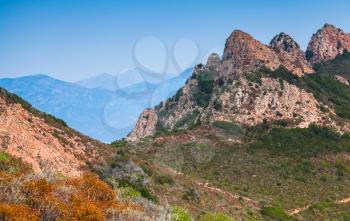 Corse-du-Sud nature. South region of Corsica island, France. Landscape of Piana area with trail in rocky mountains