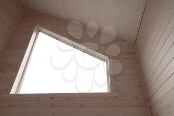Empty new interior fragment, bright light window in wooden wall
