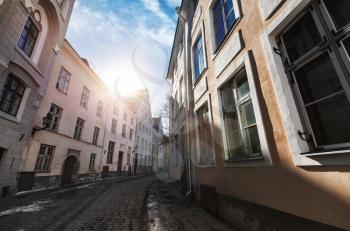 Street view with morning sun in old town of Tallinn, Estonia