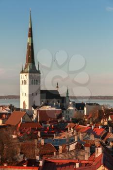 Red roofs and church St. Olaf in old town of Tallinn, Estonia