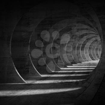 Dark concrete tunnel interior with perspective effect. Square 3d illustration
