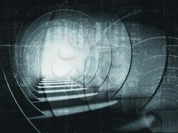 Abstract dark blue tunnel background, double exposure effect and concrete texture. 3d illustration