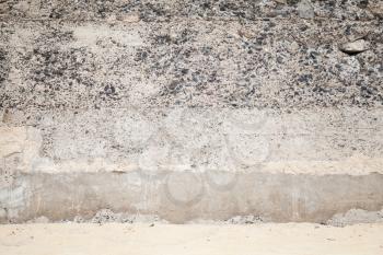 Old concrete wall with stones and sandy ground, empty interior background photo texture