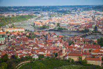 Aerial panoramic view of Prague. Bridges over Vltava river in summer day