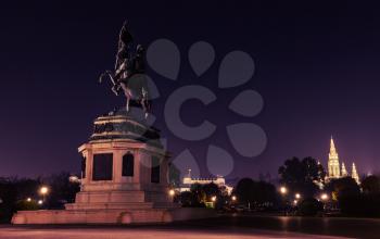 Archduke Charles statue at night. Heldenplatz square, Vienna, Austria. Designed by Anton Dominik Fernkorn in 1859