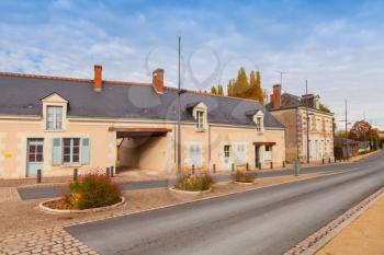Street view with old living houses facades. Fougeres-sur-Bievre, medieval town in Loire Valley, France