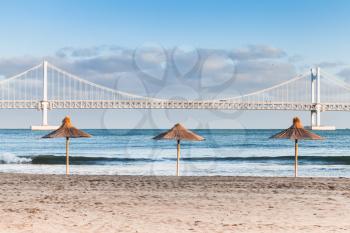 Gwangandaegyo or Diamond Bridge, suspension bridge and beach. Busan, South Korea