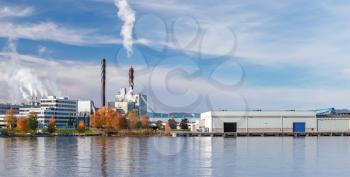 Panoramic industrial landscape with thermomechanical pulp mill factory in Skogn, Norway