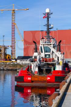 OSV boat, offshore supply vessel stands moored in harbor of Verdal, Norway