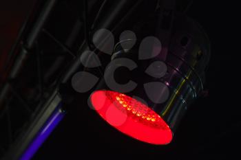 Red LED spot light, stage illumination equipment. Close up photo