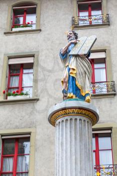 Moses fountain statue located on Munsterplatz, Bern. Switzerland. It was rebuilt in 1790–1791. Moses figure dates from the sixteenth century