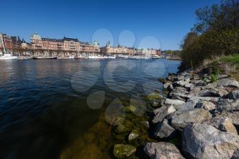 View on Strandvagen boulevard from Djurgarden isalnd. Cityscape of Stockholm, Sweden