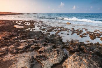 Mediterranean Sea rocky beach. Summer coastal landscape of Ayia Napa, Cyprus island