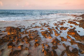 Mediterranean Sea red rocky coast. Summer landscape of Ayia Napa, Cyprus island