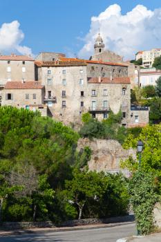 Sartene town in summer, vertical landscape, South Corsica, France