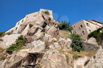 Stone houses on big rock. Old Corsican town landscape, Sartene, South Corsica island, France