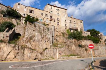 Stone houses on the rock. Old Corsican town landscape, Sartene, South Corsica, France. Street view