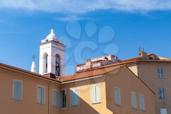 Ajaccio city skyline with dome of Eglise St Erasme. Corsica island, France