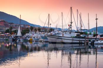 Pleasure yachts and motor boats moored in Marina, old port of Ajaccio, the capital of Corsica island, France