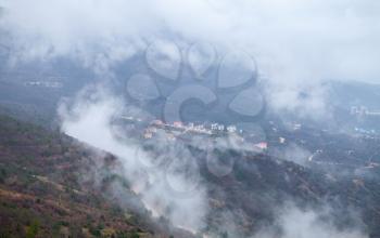 Crimea peninsula, Black Sea coast. Aerial landscape of Laspi district in foggy spring morning