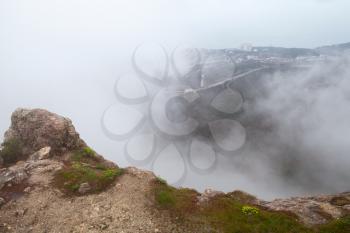 Mountain landscape of Foros in foggy morning. Crimea peninsula, Black Sea coast