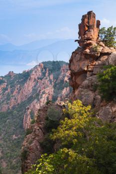 Vertical mountain landscape of Calanques de Piana. Corsica island, France