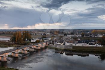 Amboise town landscape with old stone bridge located in the Indre-et-Loire department of the Loire Valley in France
