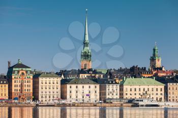 Cityscape of Gamla Stan, Stockholm, Sweden. German Church spire as a skyline dominant