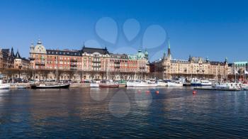 Cityscape of Stockholm city, Sweden. Strandvagen boulevard on Ostermalm in sunny summer day