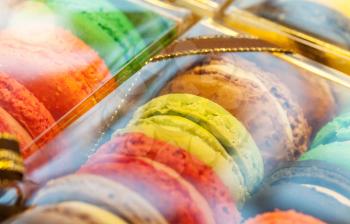 Macro with set of colorful macaroons in the box. Macro photo with shallow depth of field