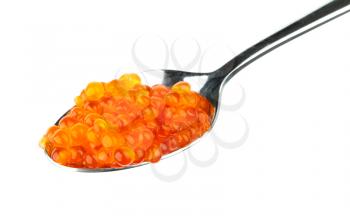 Metal spoon with Red caviar isolated on white background