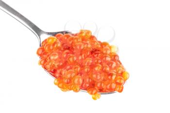 Red caviar in metal teaspoon isolated on white background
