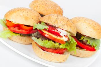 Homemade hamburgers lay on white plate. Closeup studio photo