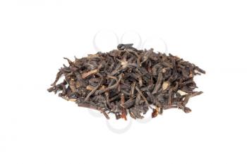 Small pile of big leaf Chinese black tea isolated on white background, selective focus with shallow DOF