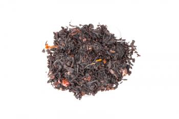 Mixed black Truffle tea with crushed cocoa beans, red pepper peas and dry fruits, small pile isolated on white. Top view, selective focus