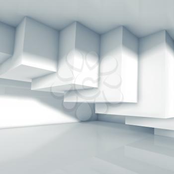 Abstract white room interior design with intersected cubes installation. Empty architecture background, 3 d illustration