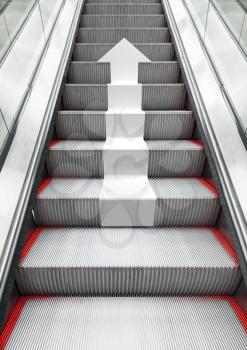 Shining modern metal escalator with white arrow moving up, perspective effect, 3d illustration combined with photo background