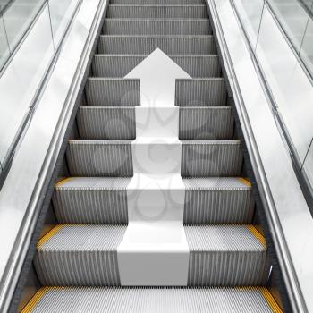 Shining metal escalator with white arrow moving up, perspective effect, 3d illustration combined with photo background