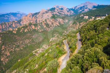 Summer landscape of Piana region with mountain road, South Corsica, France