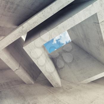 Concrete room interior with cubic structures and blue cloudy sky outside. Abstract architecture background, 3d illustration