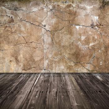 Old grunge interior background with concrete wall and wooden floor