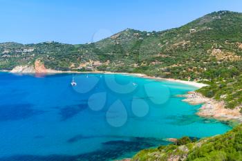 Summer coastal landscape of South Corsica. Small azure bay of Piana region, France