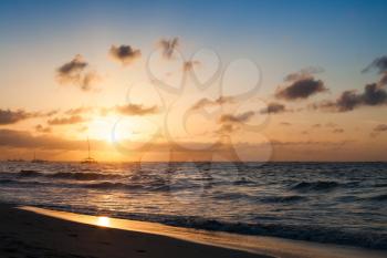Sun is rising over Atlantic ocean. Dominican republic, Punta Cana beach landscape