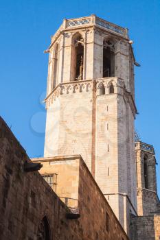 Bell Tower with stair turret above the door of Saint Ivo. Barcelona Cathedral, Spain