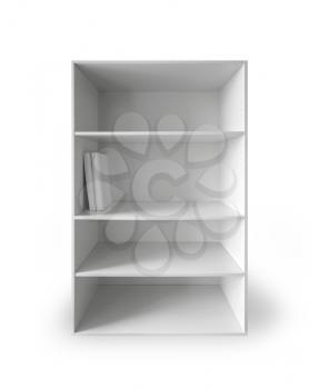 White cabinet with empty shelves and two books above white background with soft shadow