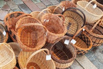 Row of handmade baskets on the street market place