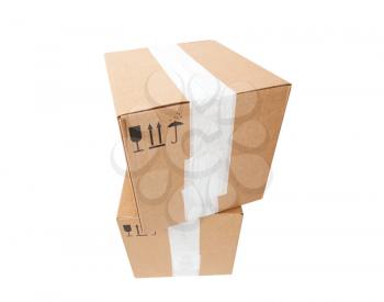 Tower of two cardboard boxes with standard black signs isolated on white background